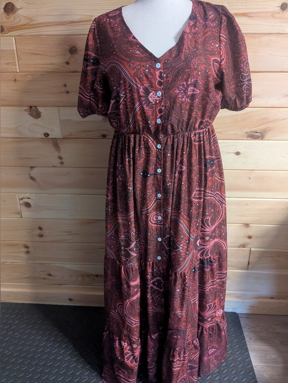 Women's XL Long Dress Paisley Burgundy/Red Multicolor Button Top/V-neck